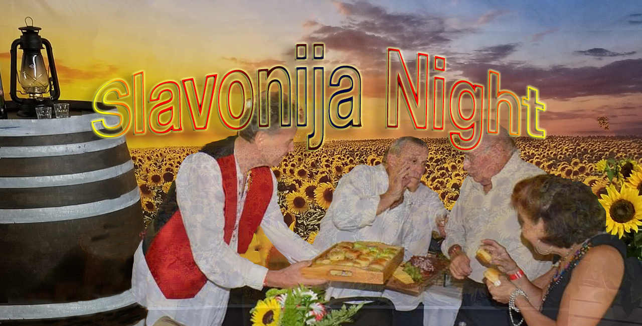 Slavonija cover with members offering typical Slavonian food to the guests.